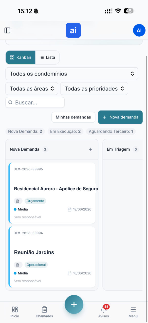 Central de demandas em kanban